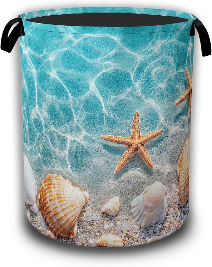 Laundry Hamper,Starfish and Seashell on Beach Collapsible Laundry Baskets Waterproof Oxford Cloth With Handles,Clothes Storage Bucket Toy Organizer For Bathroom/Nursery/Bedroom 16" x 20.8"