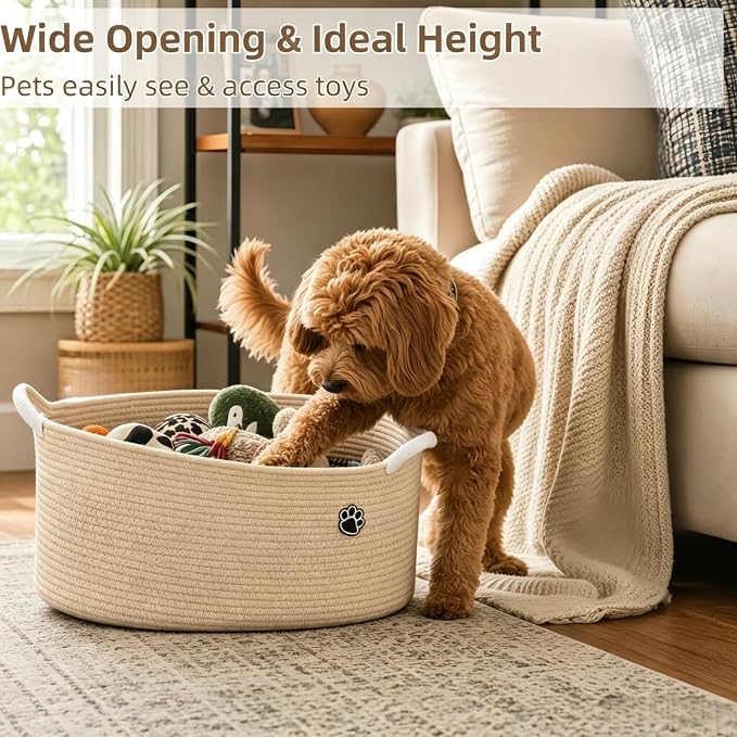 Optish 40L Extra Large Dog Toy Basket, 20" x 14" x 9" XL Toy Storage Box and Bin with Handles, Woven Cotton Rope Foldable Basket for Blankets, Living Room, Bedroom, Home Decor, Camel