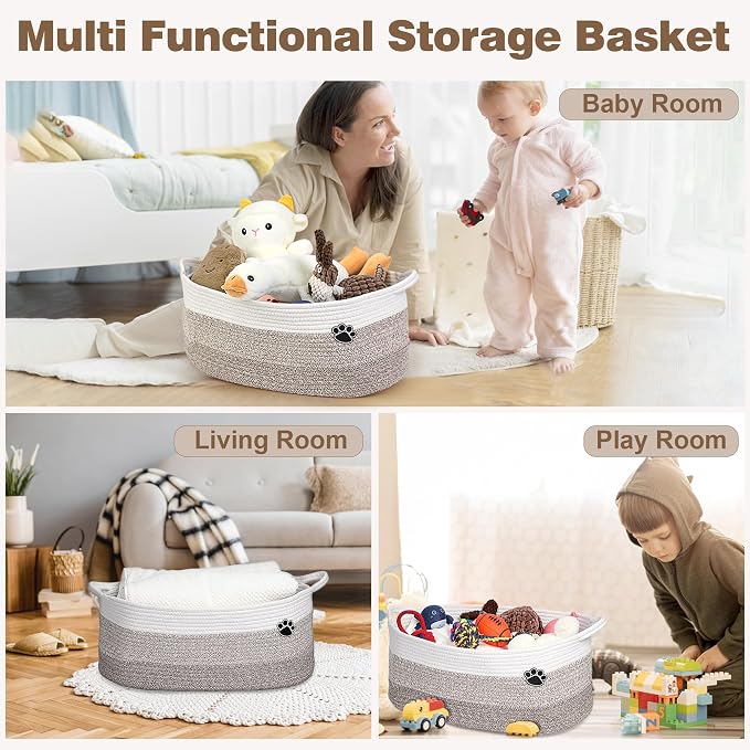 Optish 40L Extra Large Dog Toy Basket, 20" x 14" x 9" XL Toy Storage Box and Bin with Handles, Woven Cotton Rope Foldable Basket for Blankets, Living Room, Bedroom, Home Decor, White & Brown