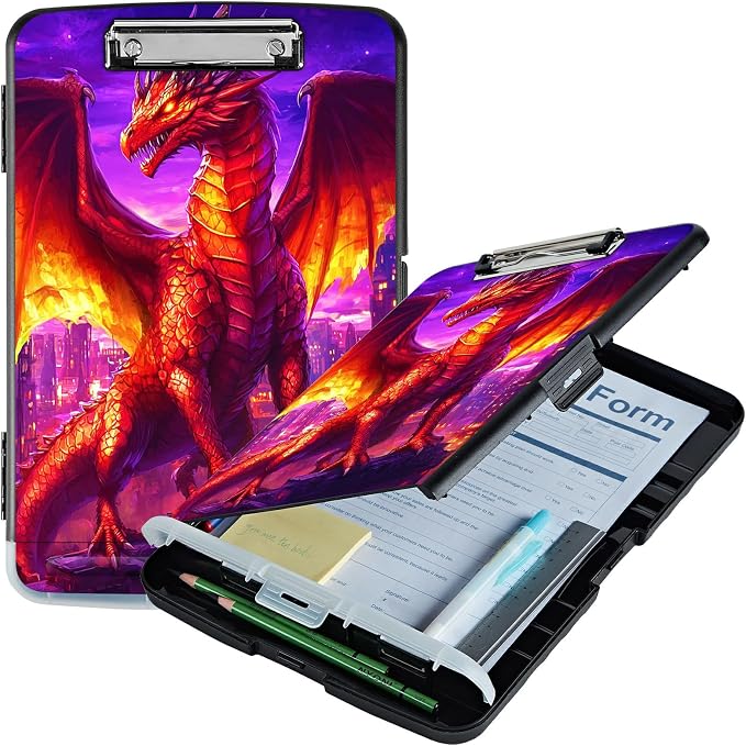 A4 Clipboard with Storage Pen Holder, Clipboards Organizer Nursing Clipboard Foldable File Folder Plastic Clipboard Folio Clip Board for Office Work Classroom Doctor, Purple Red Dragon