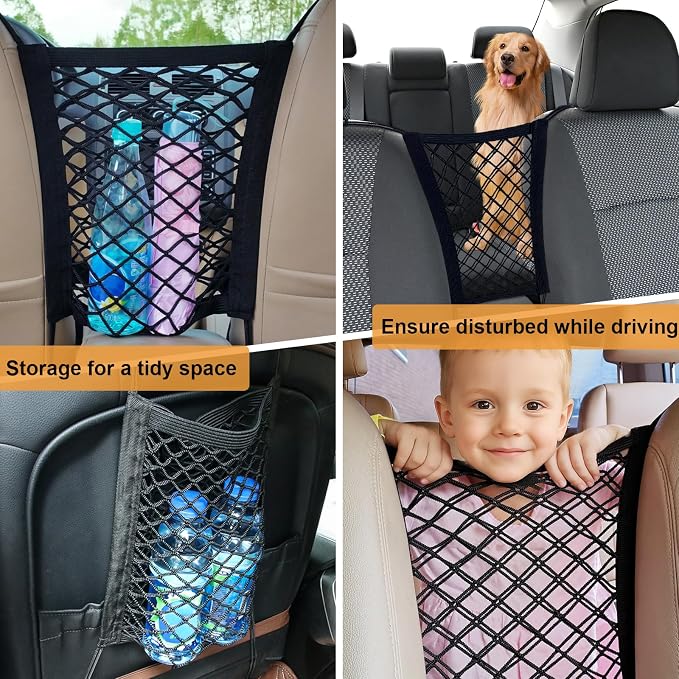 Dog Car Barrier Net Car Mesh Organizer, 4-Sides Elastic Seat Back Net Bag, Barrier of Back Seat Pet Kids, Cargo Tissue Purse Holder, Driver Storage Netting Pouch for Cars SUVs Vans Traveling