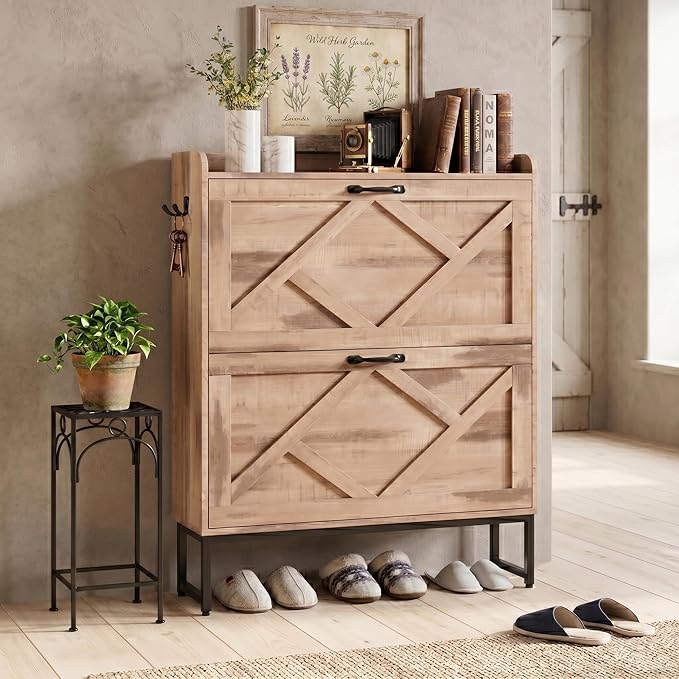 Shoe Storage Cabinet with 2 Flip Drawers, Entryway Organizer, Oak | Slim Shoe Cabinet with Metal Legs, Narrow Farmhouse Shoe Organizer for Entryway, Foyer, Hallway, Wood Shoe Rack with Hook