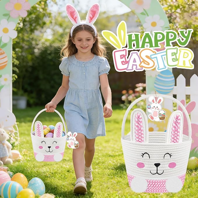 Easter Basket for Girls Kids - Pink Small Woven Bunny Egg Basket with Bunny Ears Headband Name Tag Empty Personalized Easter Gifts Baskets to Fill for Baby Toddler 8.7" x 7.1" x 7.1"