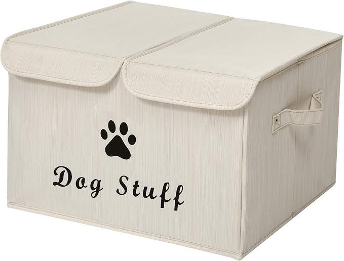 Large Storage Boxes - Large Linen Fabric Foldable Storage Cubes Bin Box Containers with Lid and Handles for Dog Apparel & Accessories, Dog Toys(BambooiBeige)