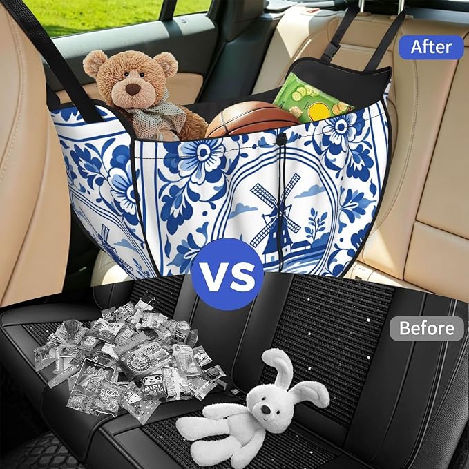 Delft Blue Car Seat Organizer-Backseat Storage Bag for Travel | Waterproof Durable. Holds Snacks Gear Essentials. Fits Most Cars.