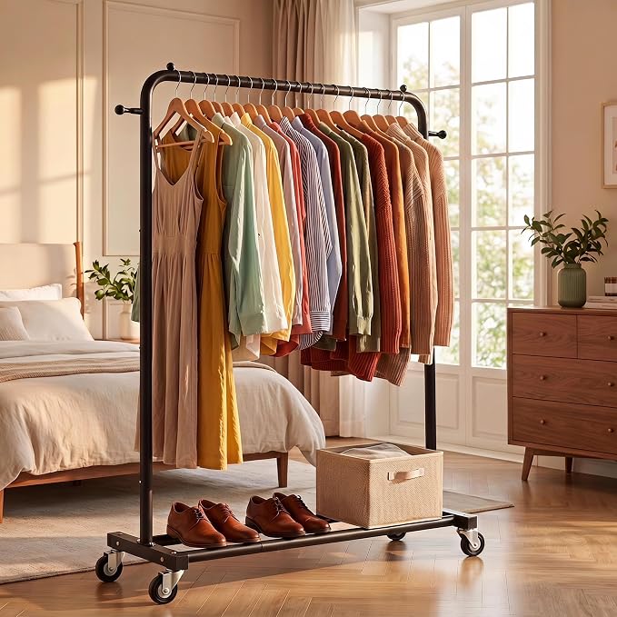 Sywhitta Metal Clothing Rack on Wheels with Bottom Shelf, for Clothes,Black | Rolling Garment Rack for Hanging Clothes, Coats, Skirts, 39.76" L x 16" W x 63.78" H,Space-Saving Mobile Organizer for Closet