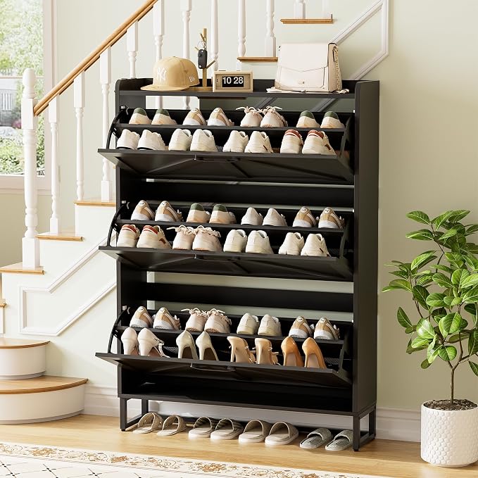 Urban Deco Entryway Shoe Storage Cabinet with 3 Flip Drawers, Elegant Stable Freestanding Shoe Organizer, Anti-Tipping Design (Black)