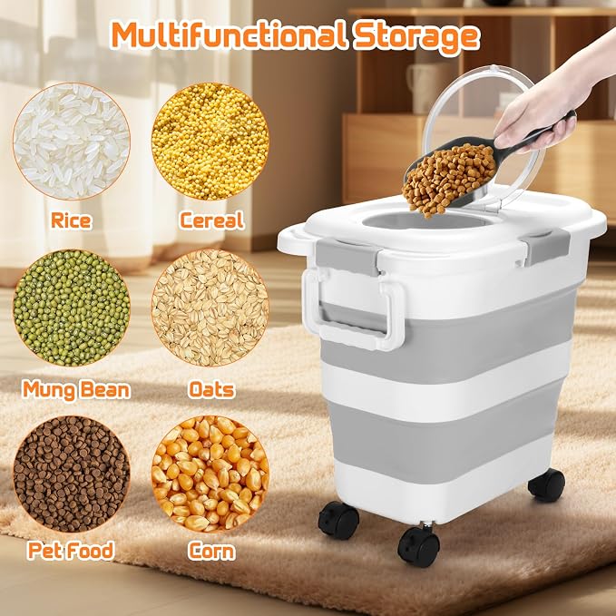 Beyoung 25-28lbs Airtight Dog Food Storage Containers with Wheels and Lids, Collapsible Pet Food Storage Bins with Handle, 50lb Rice Storage Bucket with Scoop, Dry Food Storage Bins (Gray)