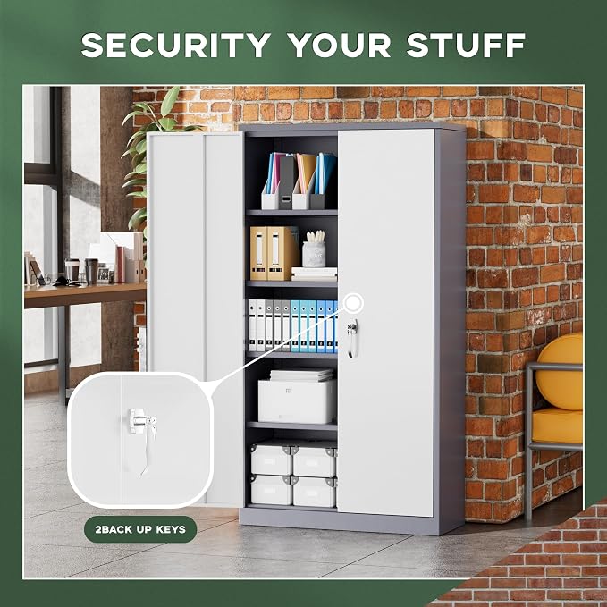 Greenvelly Metal Storage Cabinet, 72" Locking Metal Garage Storage Cabinet with Doors and 4 Adjustable Shelves, Lockable Steel Cabinet for Home Office, Garage, Shop, School (White Grey 36" W x 18" D)