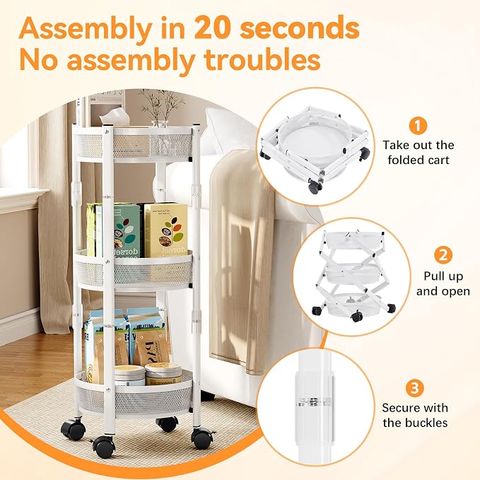 TOOLF 3 Tier Foldable Rolling Cart, Metal Utility Storage Cart, White | Assembly-Free, Lockable Wheels, Round Trolley Organizer for Bathroom, Kitchen, Office, Dorm, Laundry, Craft Room