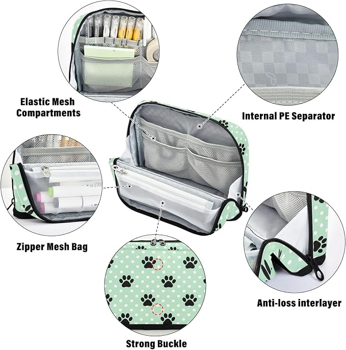Aslsiy Large Capacity Pencil Case Pet Paws White Dots (2) Pencil Pouch for Boys Girls Portable Pen Bag Organizer Standing Makeup Bag for School Office Supplies