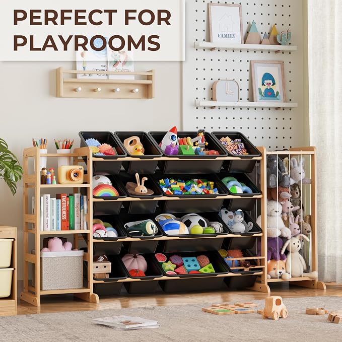 Toy Storage Organizer with Bookshelf and Stuffed Animal Storage - Kids Playroom Organization with Shelves and 16 Toy Bins - Toddler Living Room Toy Box for Lego - Nursery Bedroom Decor Essential
