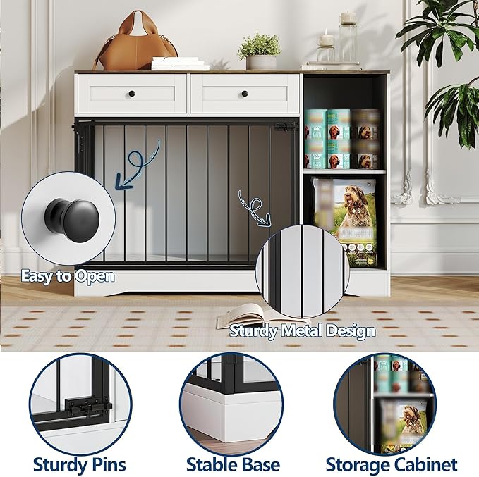 Garvee 47" Farmhouse White Dog Crate Furniture Modern Dog Kennel End Table | with Double Doors, 2 Drawers & Storage Cabinet End Table, TV Stand & Buffet Cabinet for Pet Small Medium Dogs