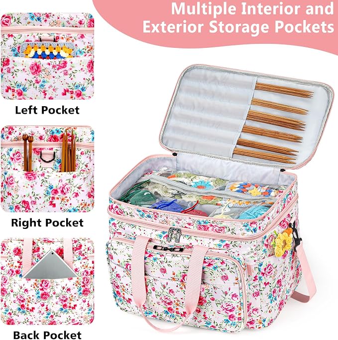 Crochet Organizer Bag with Yarn Holder, Large Yarn Storage for Accessories | 3PCS Crochet Knitting Bag with Accessory Pouch for Hooks, Needles, Travel Tote, Crochet Lovers, Gift for Crafters, No-Tangle