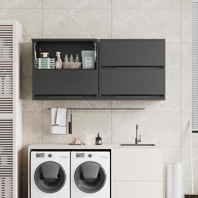 Garage Wall Cabinet, 25.6" H Metal Wall Cabinet with 2 Up-Flip Door | Wall Mounted Metal Storage Cabinet, Upper Cabinet for Kitchen,Garage,Workshop,Warehouse, Assembly Required, Black