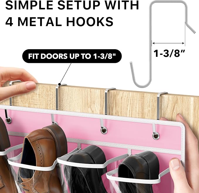 Simple Houseware 24 Pockets Large Clear Over the Door Shoe Organizer, Pink | 56" x 22.5", 4 Durable Metal Hooks, 5" x 9" Pocket Size, Multipurpose
