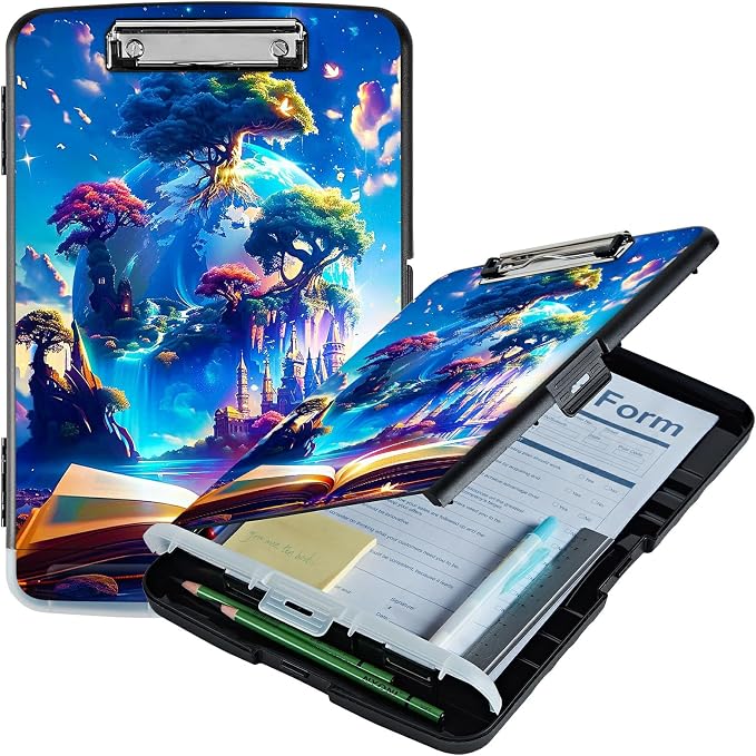 Book Trees A4 Clipboard with Storage Pen Holder, Clipboards Organizer Nursing Clipboard Foldable File Folder Plastic Clipboard Folio Clip Board for Office Students Classroom Doctor