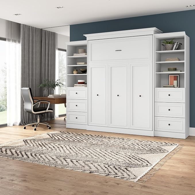 Bestar Queen Murphy Bed with 2 Closet Organizers, White, Versatile, 115W | 2 Closet Organizers with Drawers; supports up to 1000 lb; min. ceiling height 92 in.; dual piston mechanism; 10-year warranty