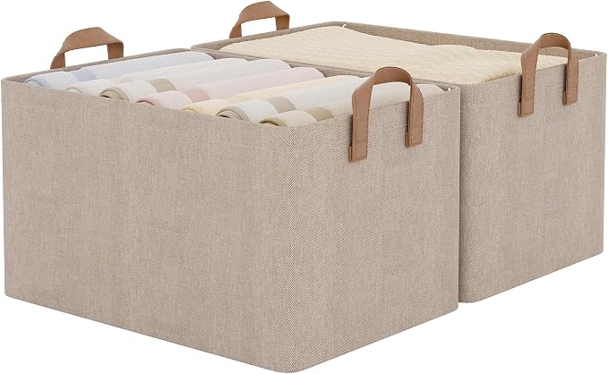 StorageWorks Fabric Storage Bins, Brown and Beige, Extra Large, 2-Pack | 45L, With Reinforced PU Handles, Metal Frame, Collapsible, Storage Basket for Shelves, Closet, Holds Clothes, Towels, Blanket