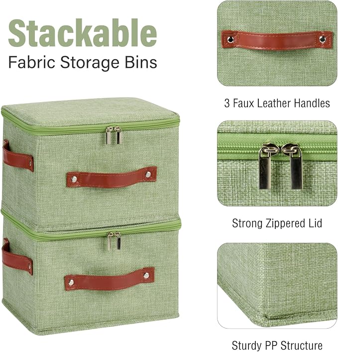 3PCS Storage Bins Boxes with Zippered Lid Decorative Baskets | Cotton Linen Fabric, Washable, Foldable, Stackable, Closet Shelf Organizer, with PU Leather Handles, Light Green-Small