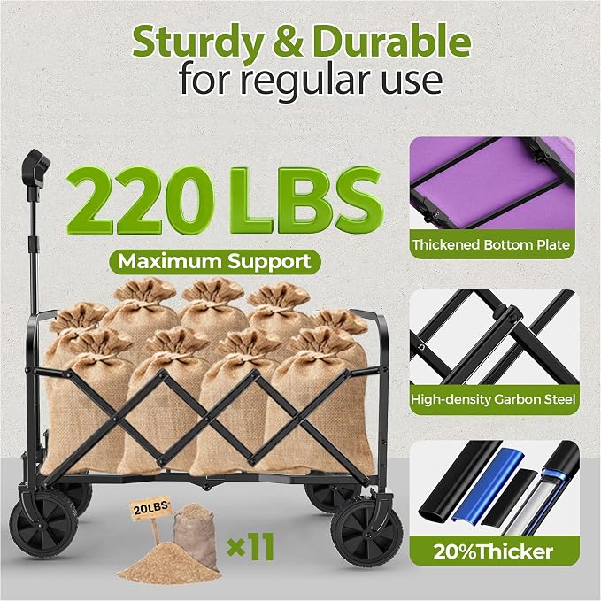 Purple Small Collapsible Wagon Cart, Lightweight Folding Utility Cart with Wheels, 220lbs Capacity Portable Grocery Cart for Sporting Events, Garden, Shopping (Purple)