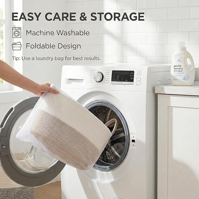 JMvicyroam 65L Extra Large Machine Washable Cotton Rope Blanket Basket | Collapsible laundry hamper, Reinforced handles, For blankets, pillows, toys and clothes, Living room and bedroom, White&Brown