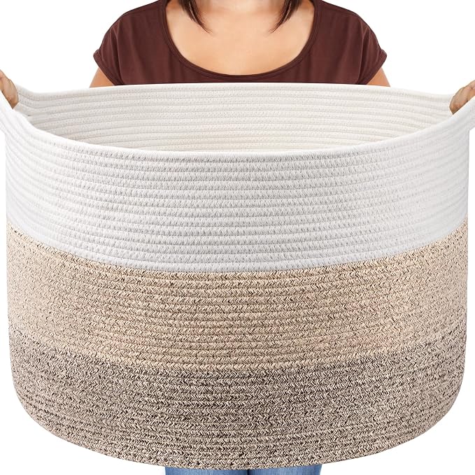 Maliton Woven Rope Blanket Basket Living Room, Storage Toy Basket, 90L | 22"x22"x14" Cotton Rope Basket for blankets, towels & laundry. In Bedroom, Nursery, Bath & Playroom. Soft & durable.