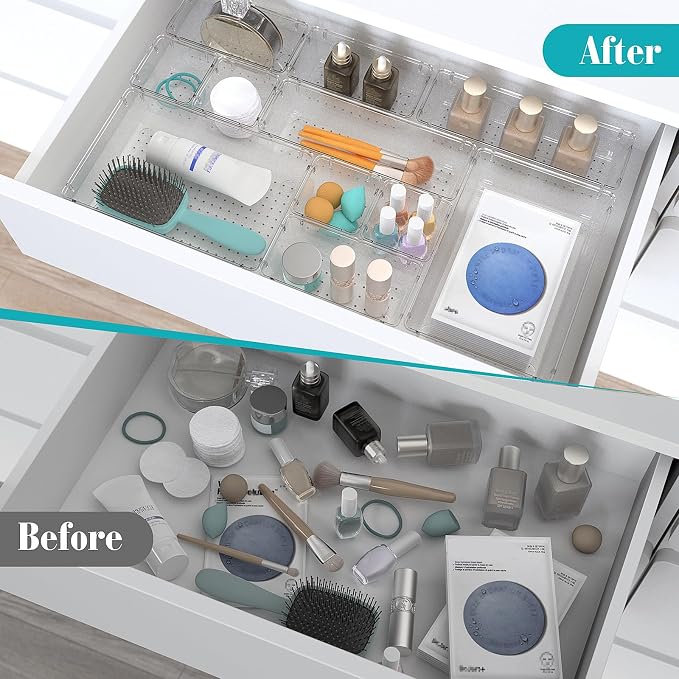StorMiracle 28 PCS Clear Plastic Drawer Organizers Set, 4 Size Desk Drawer Organizer Trays for Makeup, Jewelry, Kitchen Utensils, Gadgets and Office Accessories | 4 Size Desk Drawer Organizer Trays for Makeup, Jewelry, Kitchen Utensils, Gadgets and Office