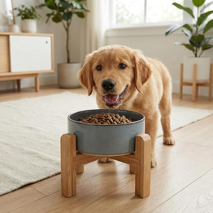 hjn Elevated Ceramic Dog Bowl with Bamboo Stand, Raised Pet Feeding Station for Small Medium Dogs Cats, Modern Design with Anti-Slip Base (Gray Blue, 3.6Cup)