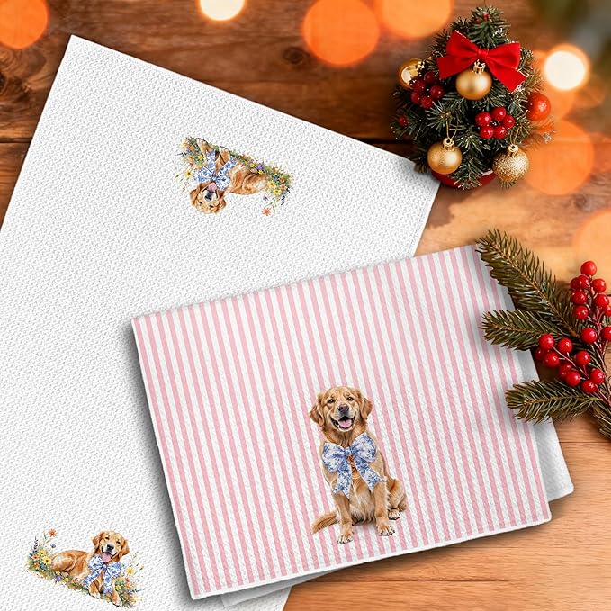 Golden Retriever Gifts Kitchen Towels, Pink and White Chinoiserie Bow Golden Retriever Dish Tea Towels, Grandmillennial Floral Dog Decorative Hand Towel for Bathroom, 16x24 Inch Set of 2