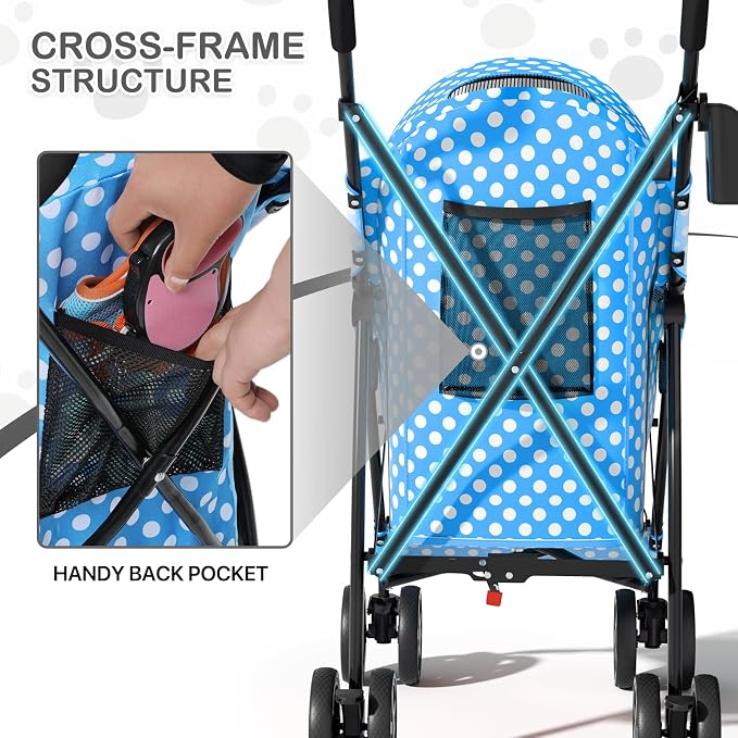MoNiBloom Pet Stroller for Small/Medium Dogs and Cats, Sky Blue Polka Dots | Foladble 4 Wheels Easy-Fold Puppy Cage Jogger Stroller with Sun Cover, Pad and Rear Storage Bag, Breathable and Visible Mesh