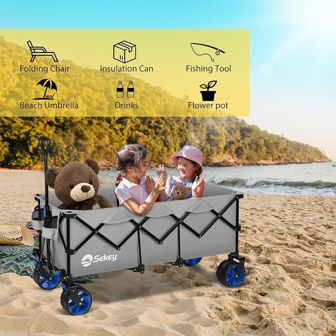 Sekey Extended Collapsible Foldable Wagon with 660lbs Weight Capacity, Heavy Duty Folding Utility Garden Cart with Big All-Terrain Beach Wheels & Drink Holders. Light Gray