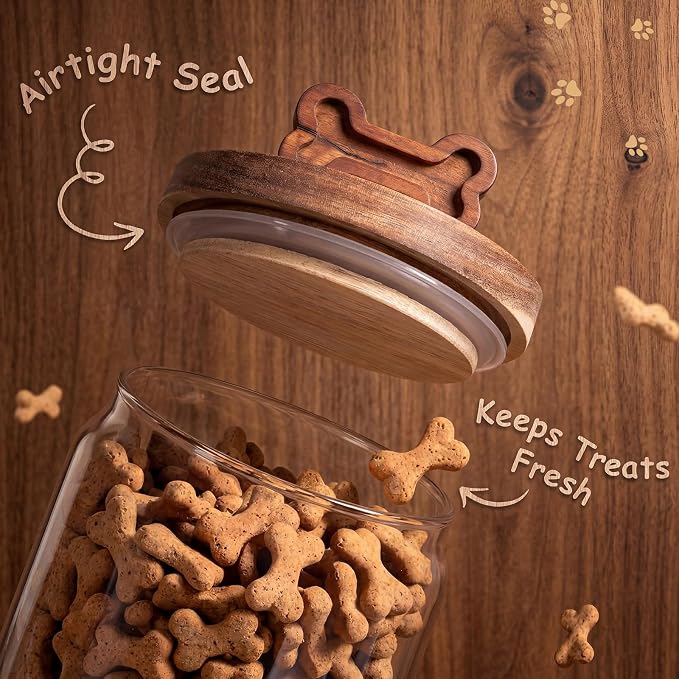 3 Pcs Glass Dog Treat Container, Dog Food Jar with Wooden Lid | 3 Large Sizes, Airtight Pet Treat Storage Container, for Kitchen Counter, Treats Canister, Doggie Cookie, Pets
