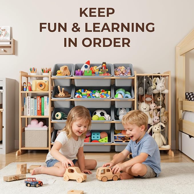 Toy Storage Organizer with Bookshelf and Stuffed Animal Storage - Kids Playroom Organization with Shelves and 12 Toy Bins - Toddler Living Room Toy Box for Lego - Nursery Bedroom Decor Essential