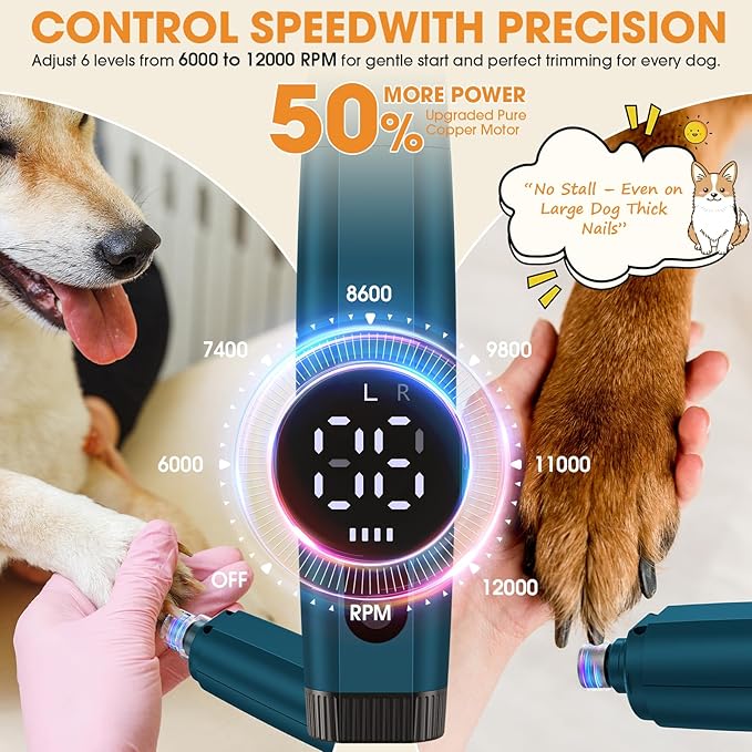ATESON Dog Nail Grinder with LED Light, 6-Speed Quiet Electric Pet Nail Trimmers, Forward/Reverse, Powerful No-Stall Motor, 2000mAh Battery 8H Runtime, 95% Dust Capture for Dogs & Cats