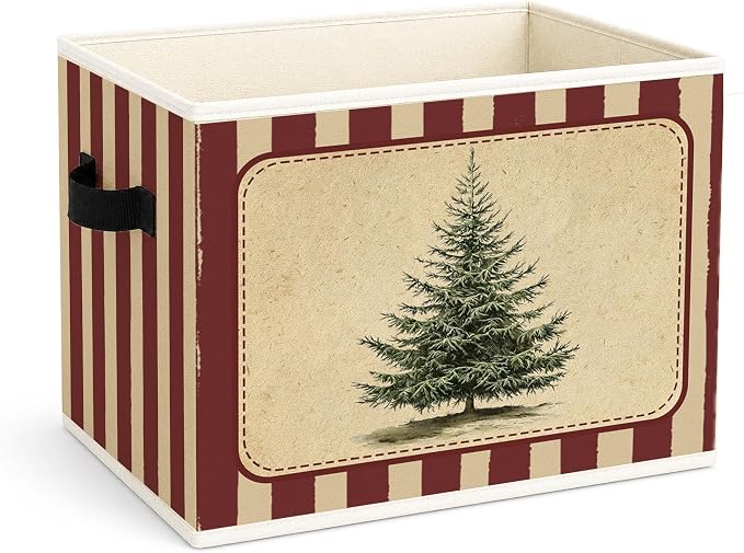 Christmas Tree Stripe Storage Bin, Fabric Organizer | Vintage Christmas tree storage bin with red stripes for toys, books, clothes, blankets, holiday shelves, and closets.