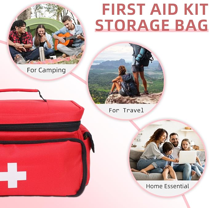 First Aid Bag Empty First Aid Kit Storage Box 12" x 9" x 7" Medical Bag Portable Pill Bottle Organizer Case for Car, Travel, Office, Outdoor, Camping, Hiking, School (Red)