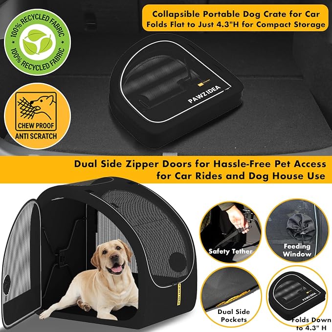 PAWZIDEA Portable Dog Crate for Car Travel, Medium & Large Dogs Up to 80lbs | Enclosed Soft-Sided Dog Car Kennel for Backseat, Secures w/ Seatbelt & Headrest Strap, Collapsible Car Carrier, Chew-Proof