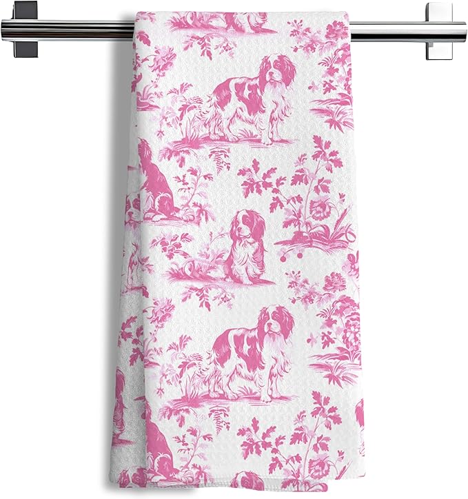 Pink Chinoiserie Cavalier King Charles Spaniel Kitchen Towels,Grandmillennial Botanical Dog Hand Towels for Kitchen Bathroom,King Cavalier Charles Gifts, 16x24 Inch
