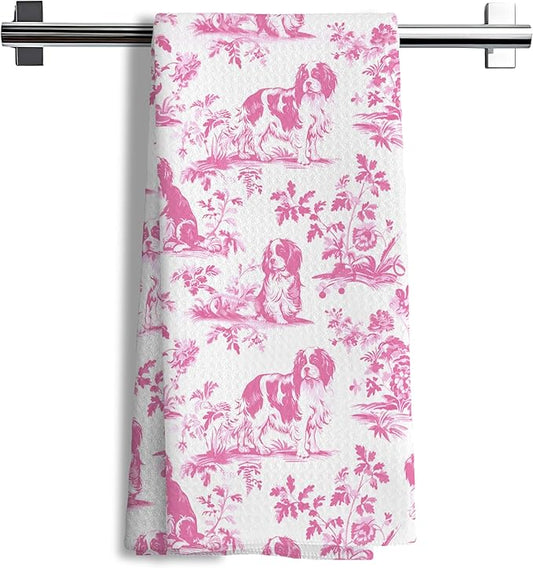 Pink Chinoiserie Cavalier King Charles Spaniel Kitchen Towels,Grandmillennial Botanical Dog Hand Towels for Kitchen Bathroom,King Cavalier Charles Gifts, 16x24 Inch