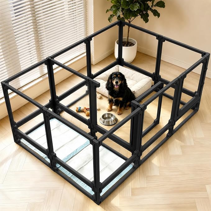 FlexiSpace Adjustable Clear Dog Play Pen, Expandable & Stackable Acrylic Dog Playpen, ONLY Dog Play Pen Indoors Grow with Your Pet Puppy Playpen (Black, 34", 12 Panels)