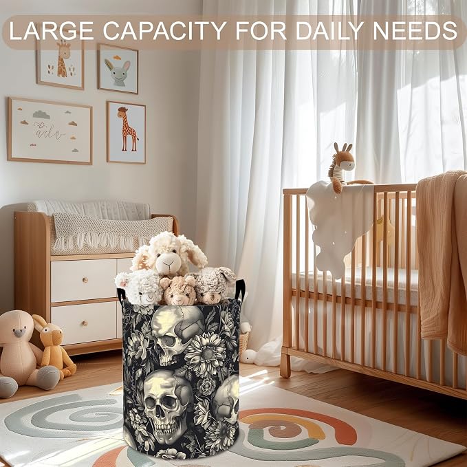 Skull Floral Laundry Basket Hamper 19.7"x15.8", Gothic Foldable Waterproof Oxford Clothes Storage Bucket for Room Bathroom Bedroom Nursery Decor, Toy Organizer Bins Gifts for Kids Boys Girls