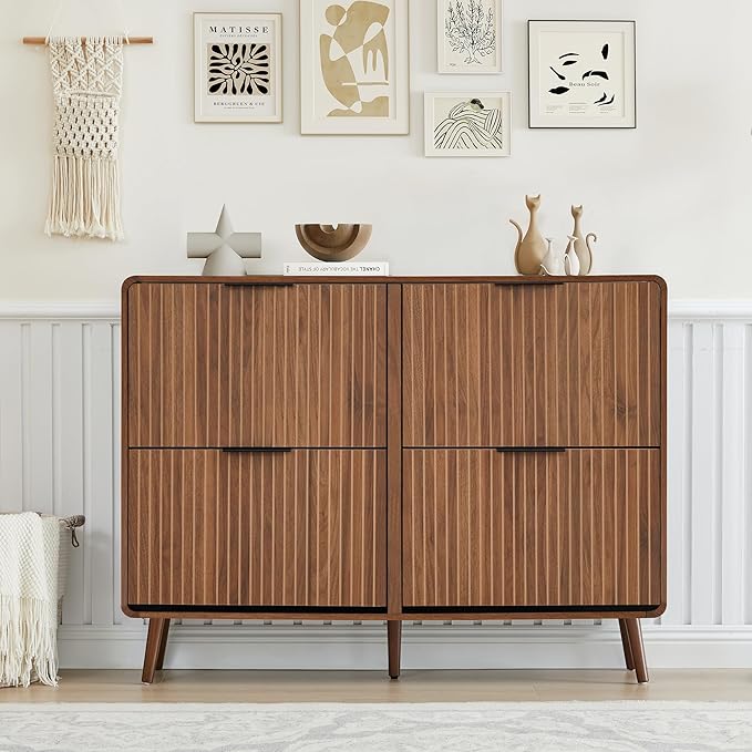 FurSch 47" Fluted Large Shoe Cabinet with 4 Flip Drawers | Slim Freestanding Organizer, Narrow Storage Rack for Entryway, 5 Sturdy Legs