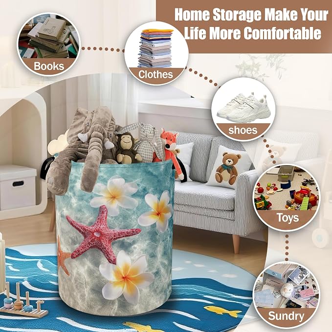 Coastal Starfish Laundry Hamper,Plumeria Flowers Laundry Baskets,Waterproof Oxford Cloth Toy Storage for Bedroom,Bathroom,Nursery,16x20.8 Inch