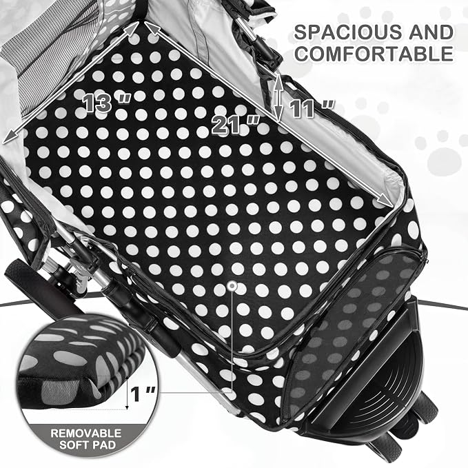 MoNiBloom Pet Stroller for Small/Medium Dogs and Cats, Black Polka Dots | Foldable Dog Stroller 3 Wheels Pet Strolling Cart w/ Storage Basket Cup Holder, Breathable and Visible Mesh for All-Season