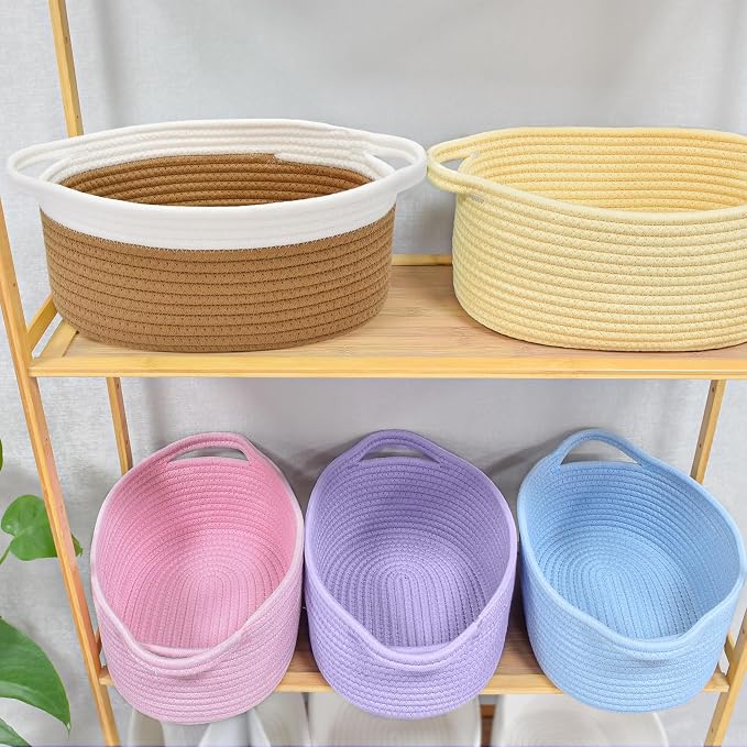 ABenkle Small Basket with Handles, Boho Decorative Rope Woven Dog Cat Toy Storage Bin Shelf Storage Organizer, Easter Christmas Gift Basket, 12"x8"x5", Brown