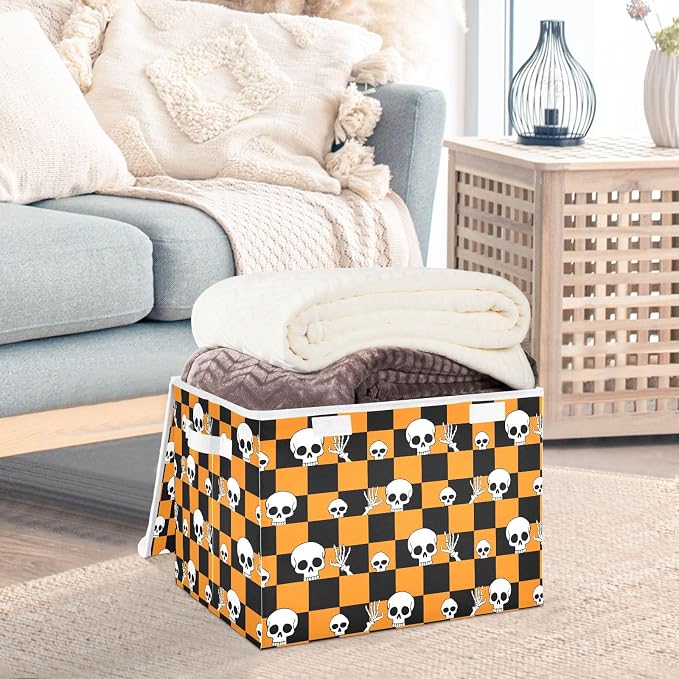 Halloween Skull Storage Bins with Lids Closet Bedroom 40L Fabric Bin | Decorative Storage Boxes, Foldable & Stackable, Dust-Proof Flip Top, Reinforced Handles, For Home & Dorm, Clothes & Toy Box