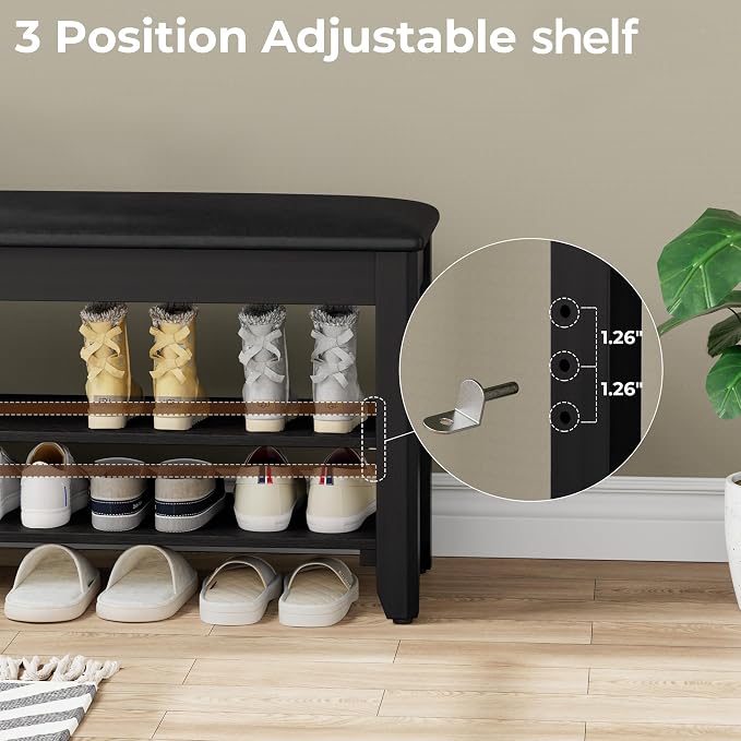Homleke 39.4" Wide Solid Wood Shoe Rack Bench with Flip-Top Storage | 2-Tier Entryway Bench with Cushion, Adjustable Shelf, Holds Up to 10 Pairs, for Hallway, Bedroom and Closet, Black