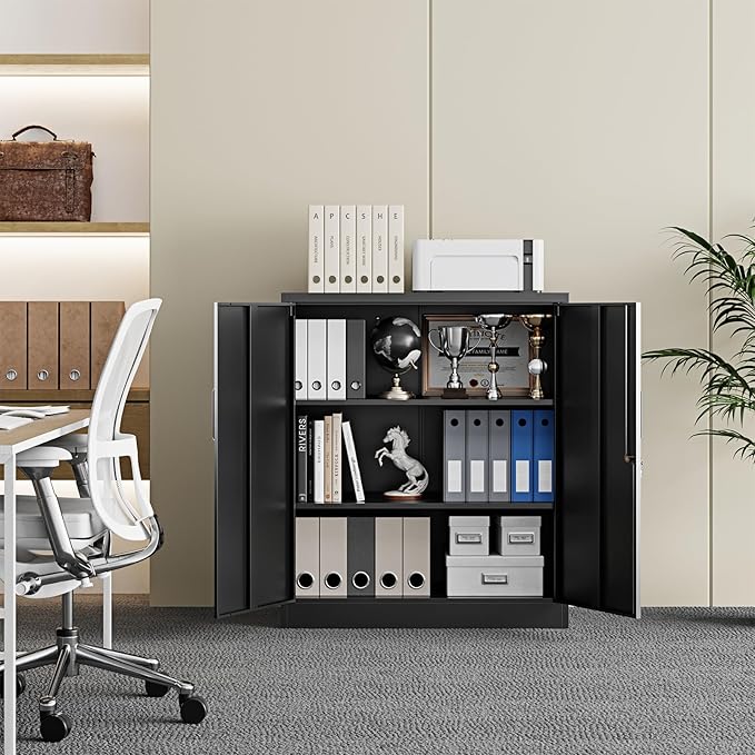 Metal Garage Storage Cabinet with 2 Doors and 2 Adjustable Shelves - 35.5" Steel Lockable File Counter Cabinet for Home Office,Garage,Gym,School（Black） (Pack of 2)