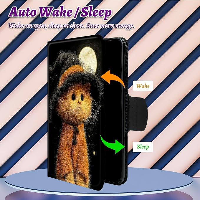 Rotating Handle Case for Samsung Galaxy Tab A11 2026/A9 2024 8.7 Inch, 360 Degree Swivel Kickstand with Magnetic Closure, Shockproof Leather Protective Cover for Women Men, Black Hat Kitten